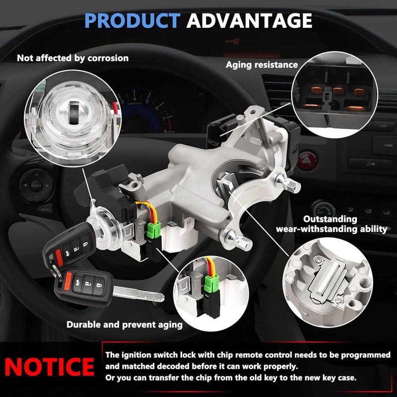 RAMATA 0635lT6PH01 06351-T6P-H01 Ignition Switch Lock Cylinder with Key (with Blank Chip) Compatible with 2014 2015 Honda Civic 1.8L, Replace # US1326 (Ignition Chip: 47,Frequency: 313.8Hz) - Image 4